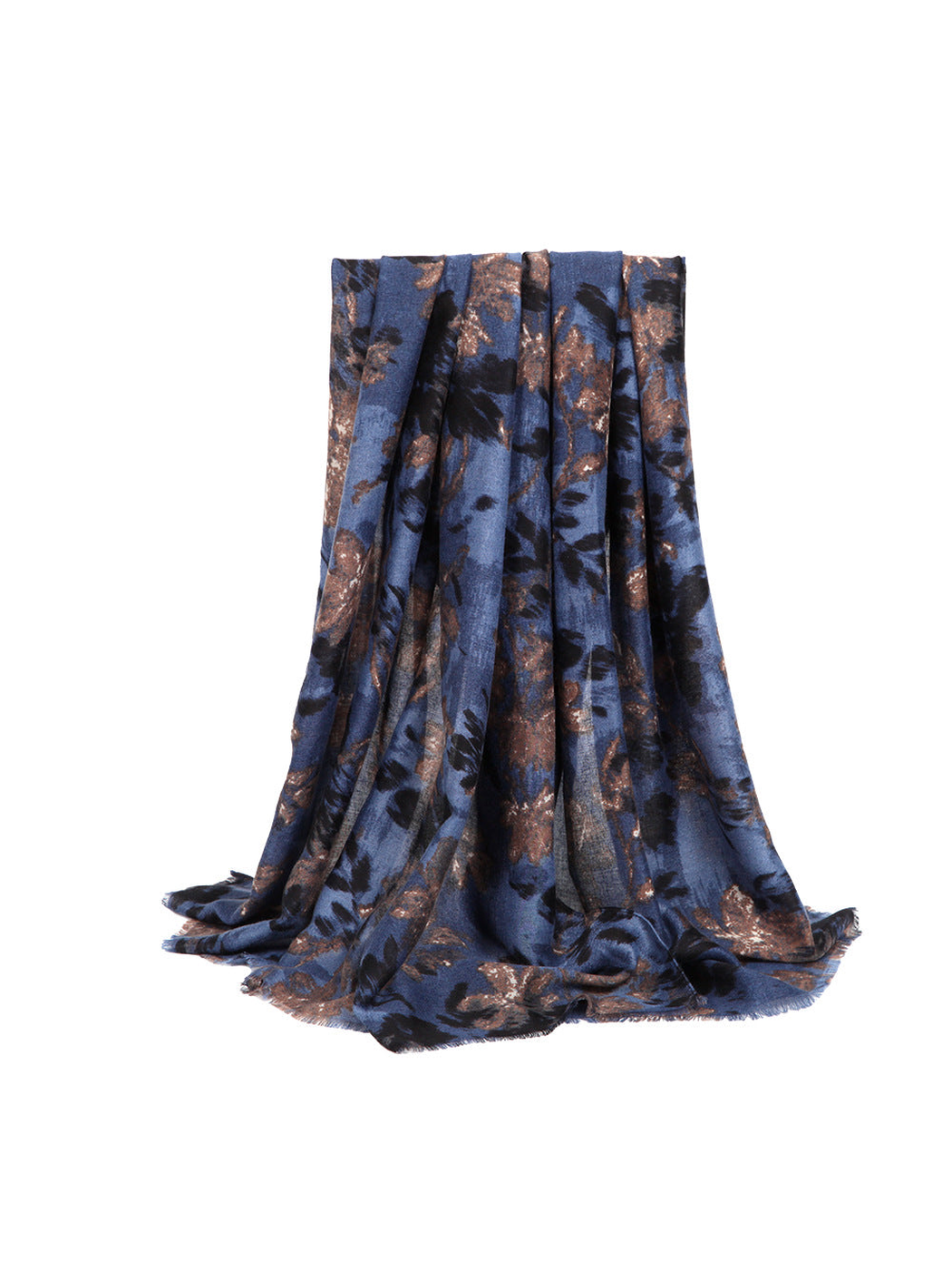 Blue abstract floral rectangular scarf with fringed edges