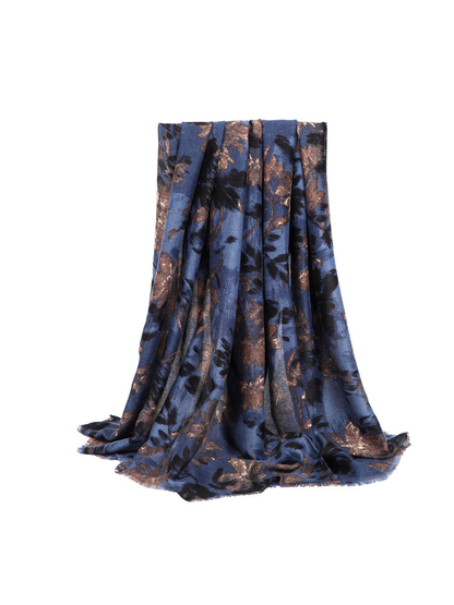 Blue abstract floral rectangular scarf with fringed edges