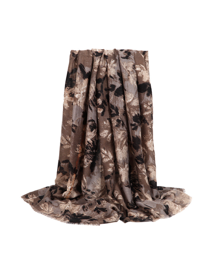 Greige abstract floral rectangular scarf with fringed edges