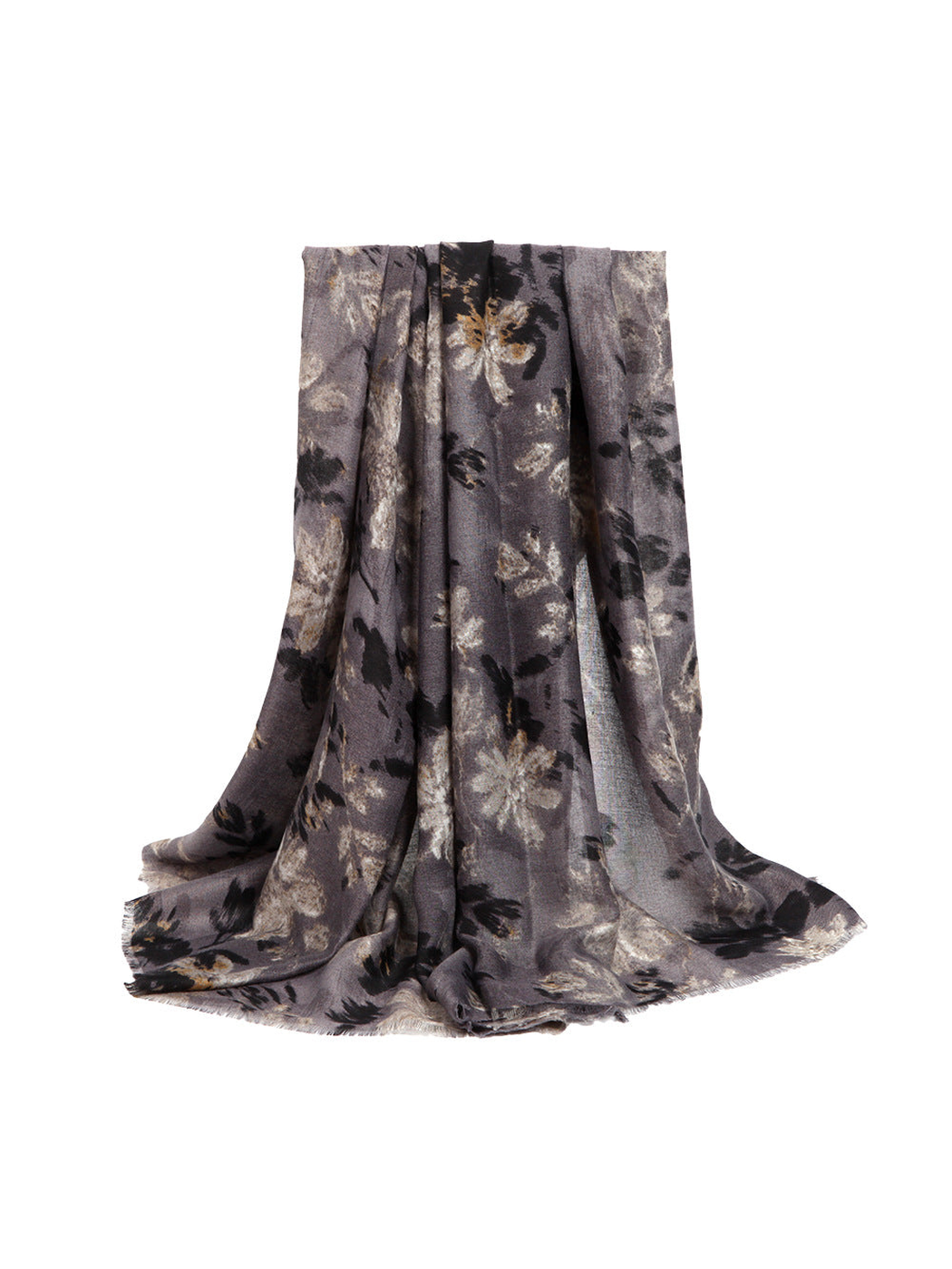 Black and gray abstract floral rectangular scarf with fringed edges