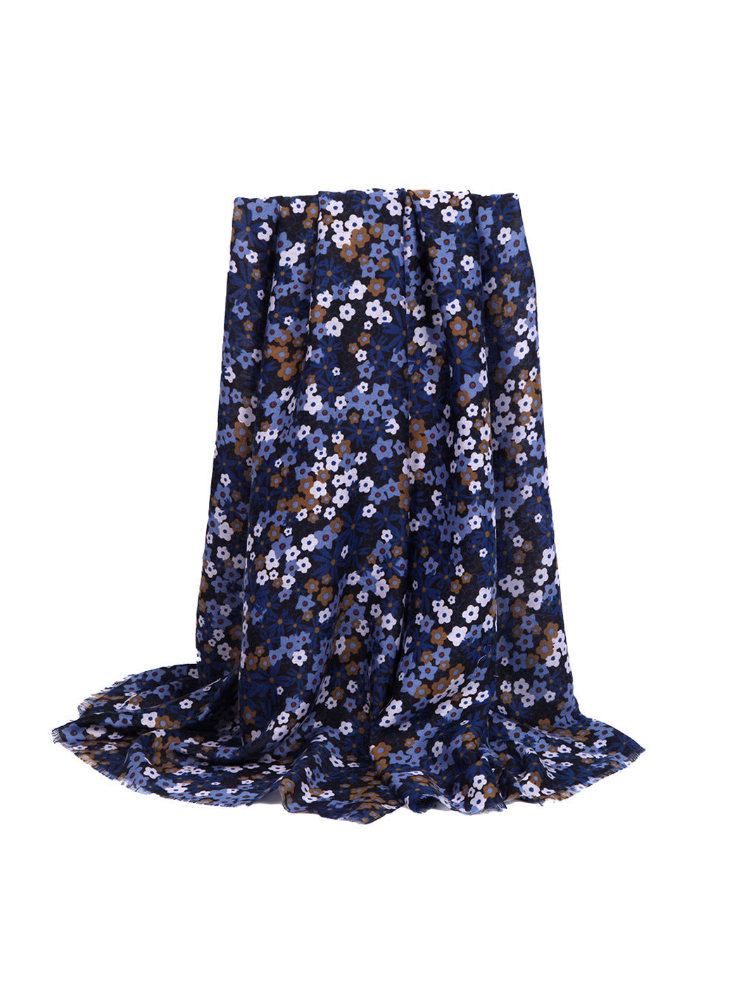 Navy blue floral rectangular scarf in a full draped view