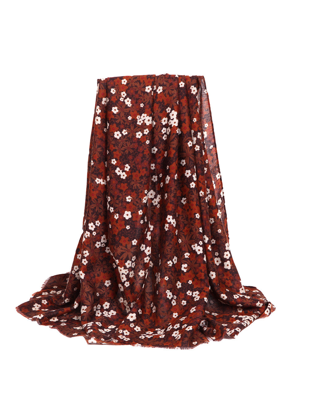 Rust red floral rectangular scarf in a full draped view