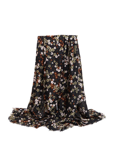 Black floral rectangular scarf in a full draped view