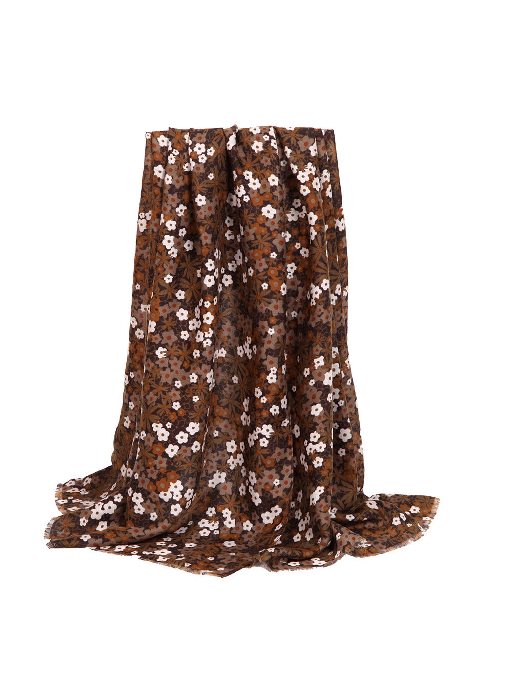 Brown floral rectangular scarf in a full draped view