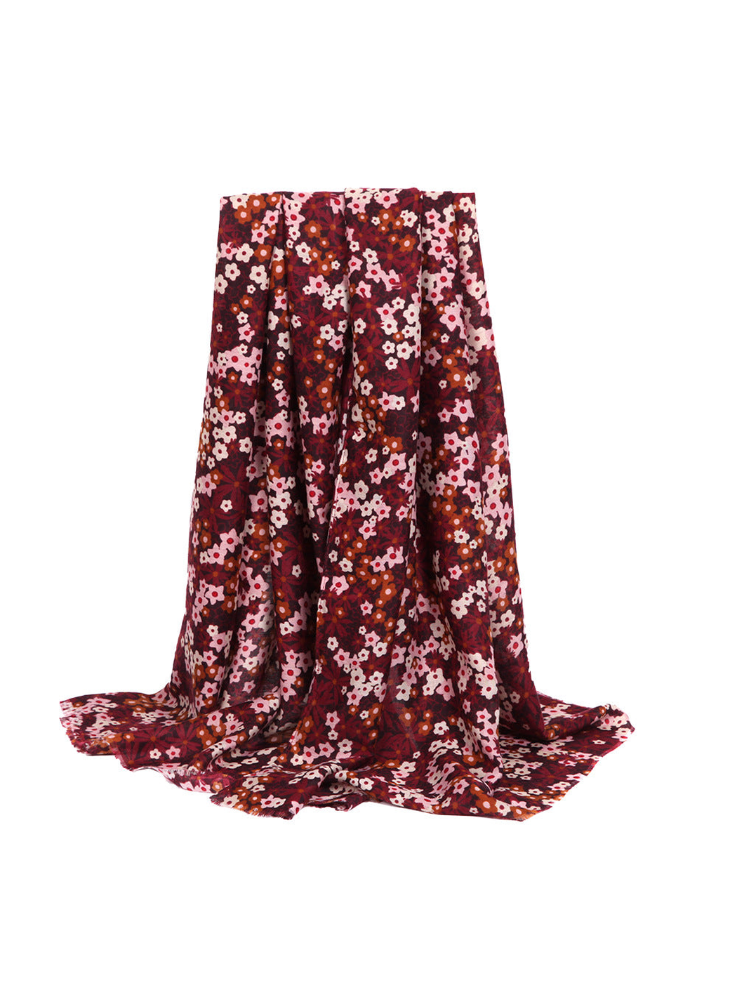 Burgundy and pink floral rectangular scarf in a full draped view