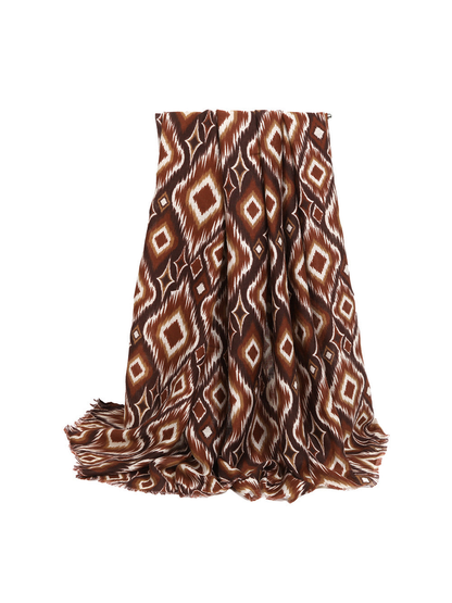 Brown geometric rectangular scarf draped on a white background