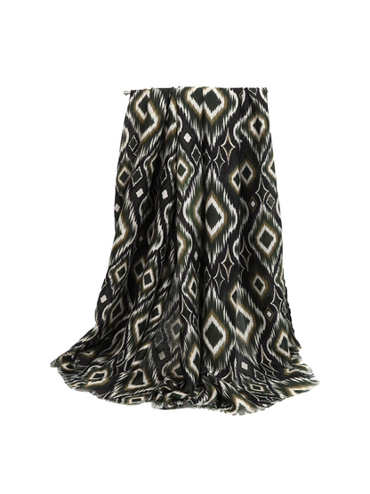 Dark green geometric rectangular scarf draped on a white background