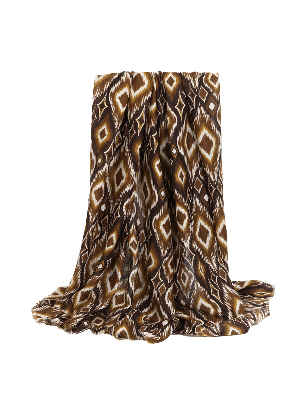 Dark khaki geometric rectangular scarf draped on a white background