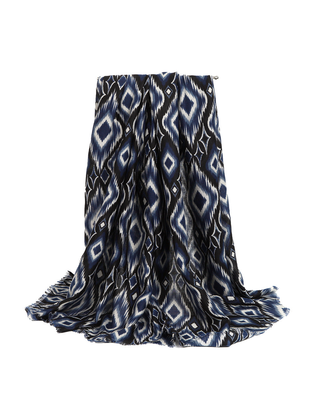 Navy geometric rectangular scarf draped on a white background
