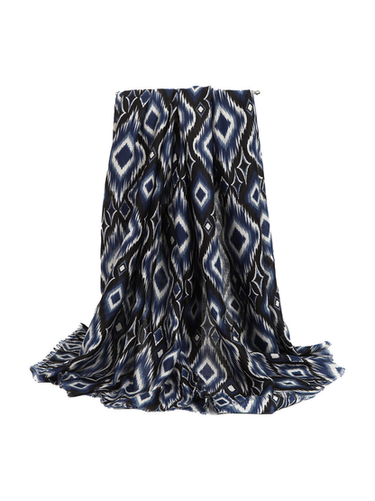 Navy geometric rectangular scarf draped on a white background