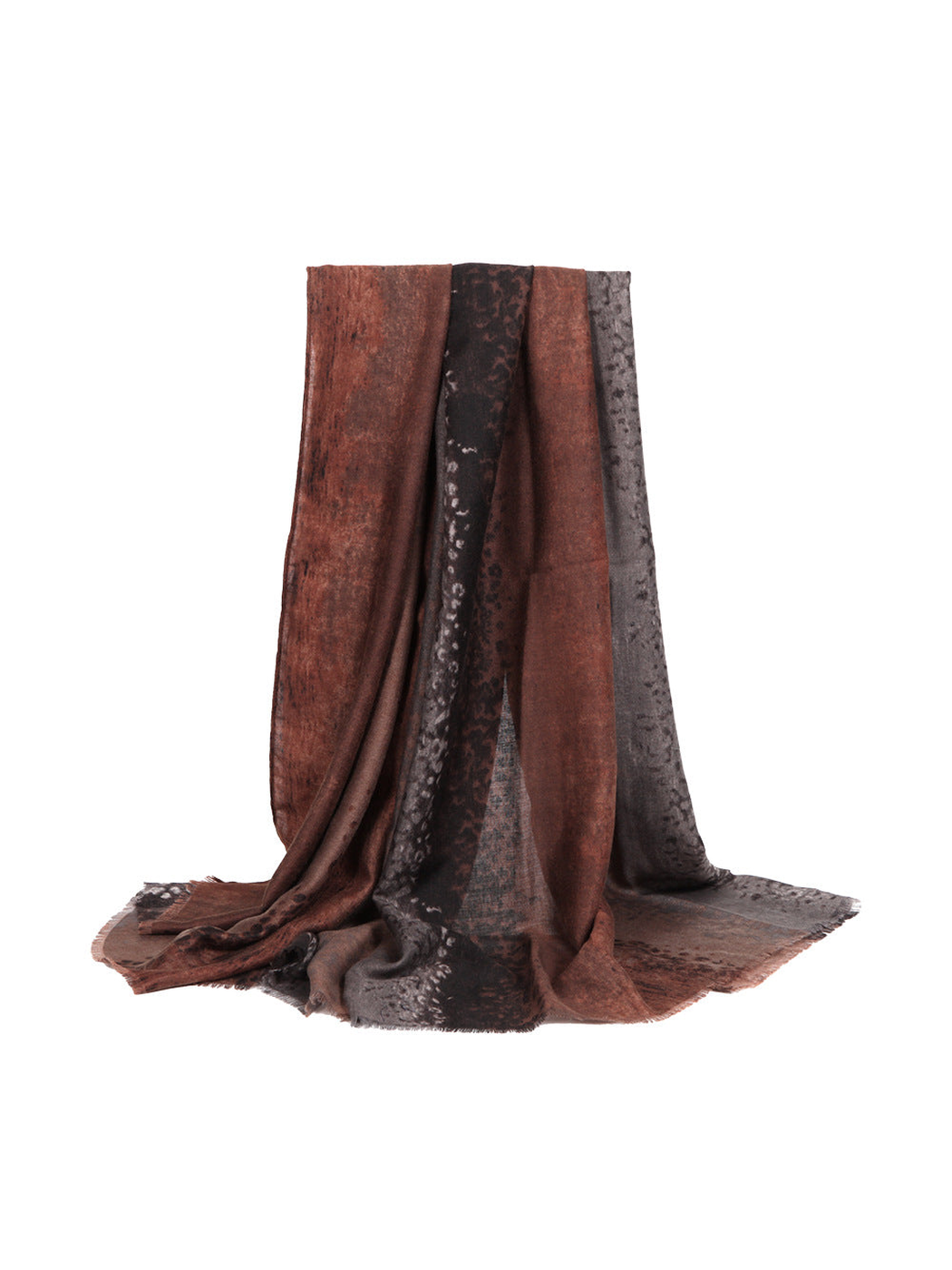 Rust red, black and gray animal-print rectangular scarf with fringed edges