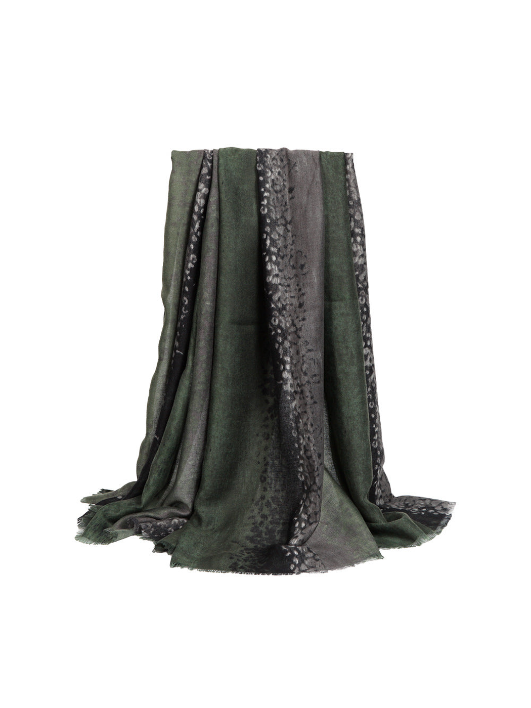 Green, black and gray animal-print rectangular scarf with fringed edges
