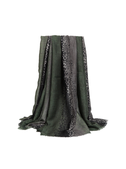 Green, black and gray animal-print rectangular scarf with fringed edges