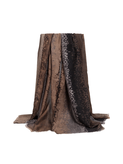 Coffee brown and black animal-print rectangular scarf with fringed edges