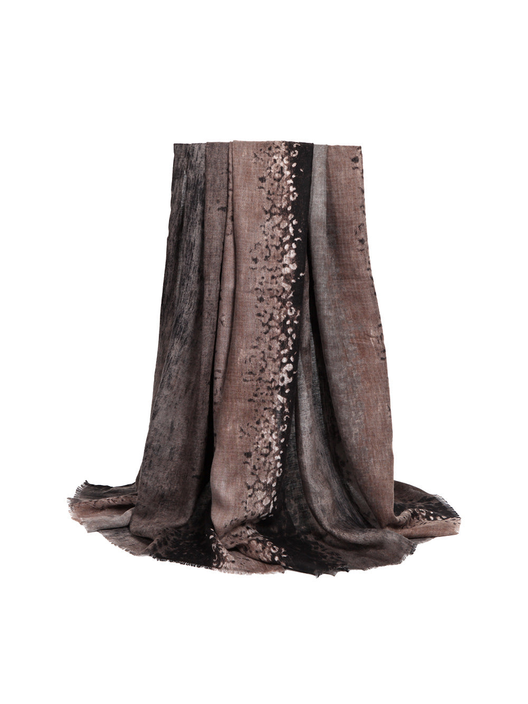 Black and taupe animal-print rectangular scarf with fringed edges