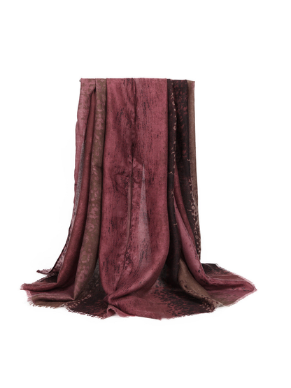 Burgundy and dark brown animal-print rectangular scarf with fringed edges