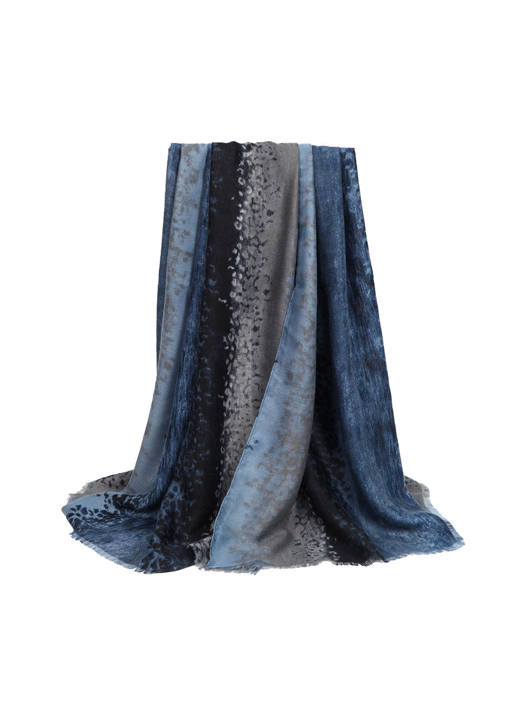 Blue, black and gray animal-print rectangular scarf with fringed edges