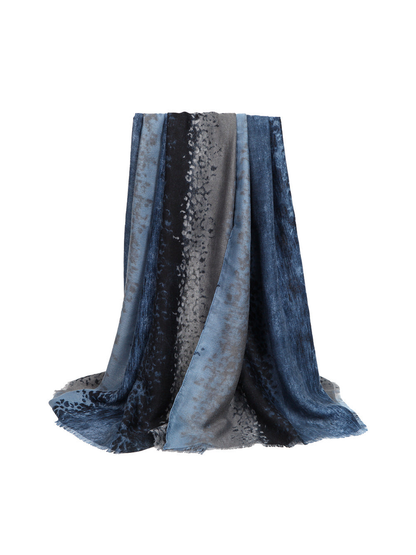 Blue, black and gray animal-print rectangular scarf with fringed edges