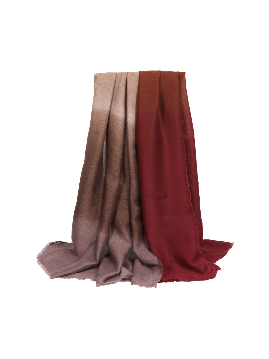 Taupe and burgundy red ombre scarf with fringed ends