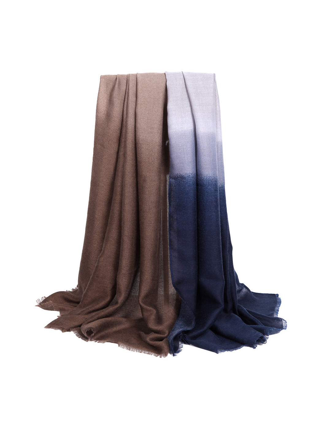 Brown, pale blue and navy ombre scarf with fringed ends