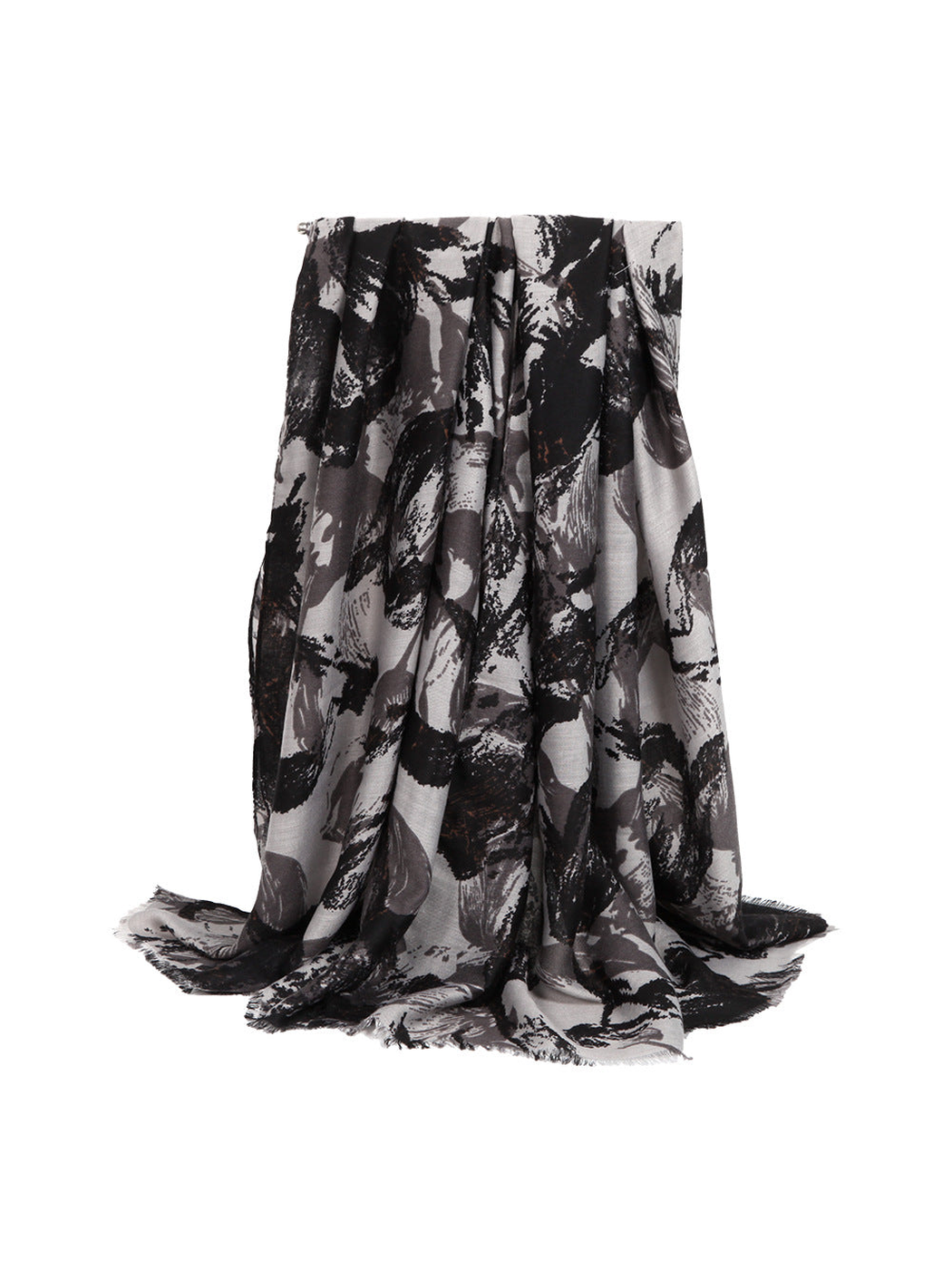 Black and gray abstract floral scarf with short fringed edges