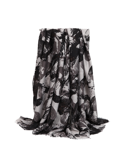 Black and gray abstract floral scarf with short fringed edges