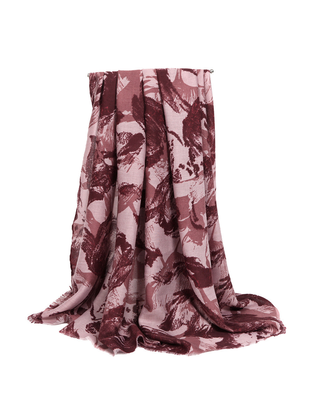 Rose red abstract floral scarf with short fringed edges