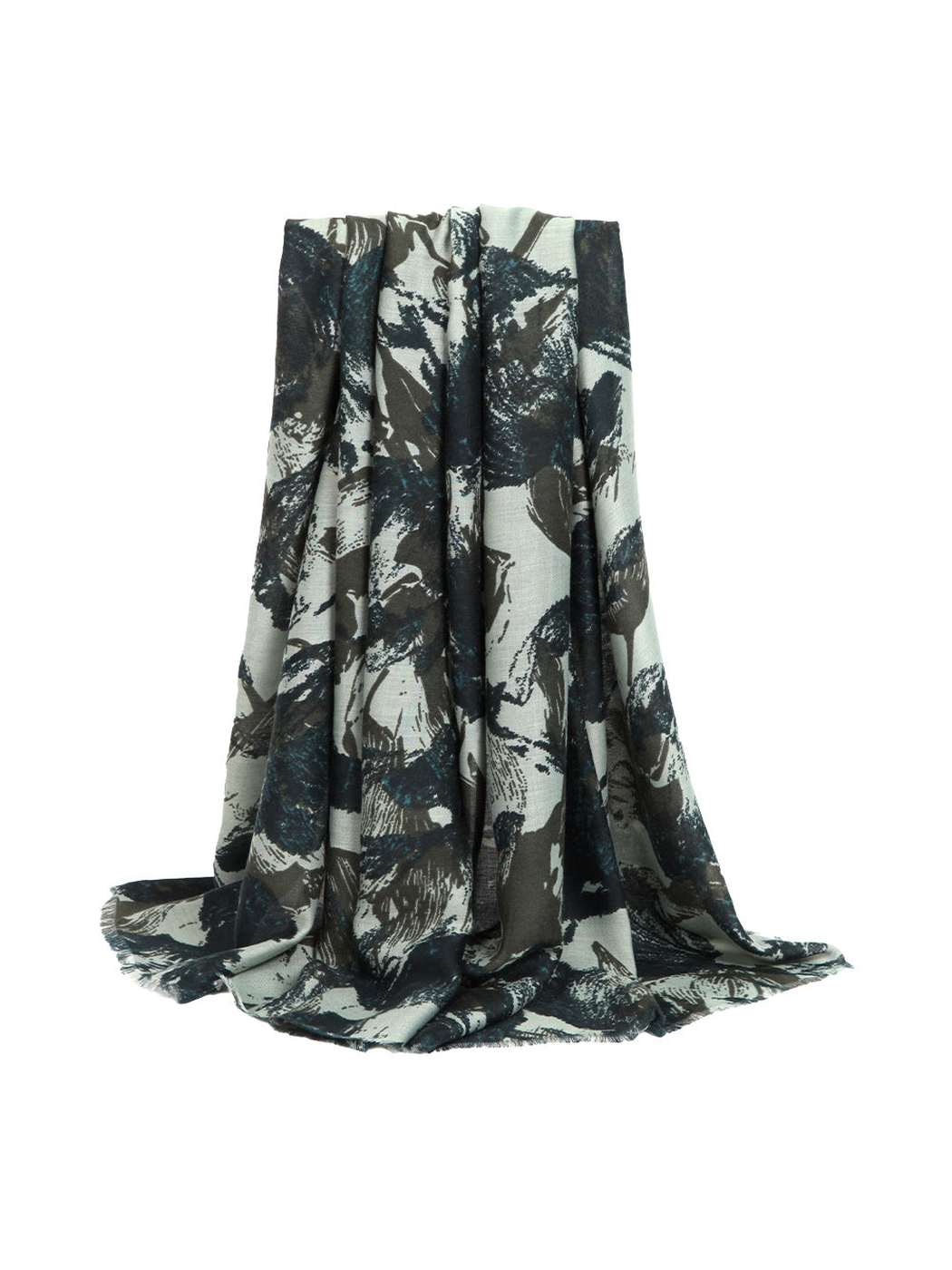 Dark green abstract floral scarf with short fringed edges