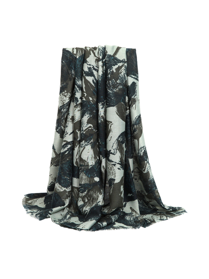 Dark green abstract floral scarf with short fringed edges
