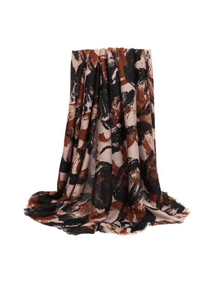 Coffee brown abstract floral scarf with short fringed edges