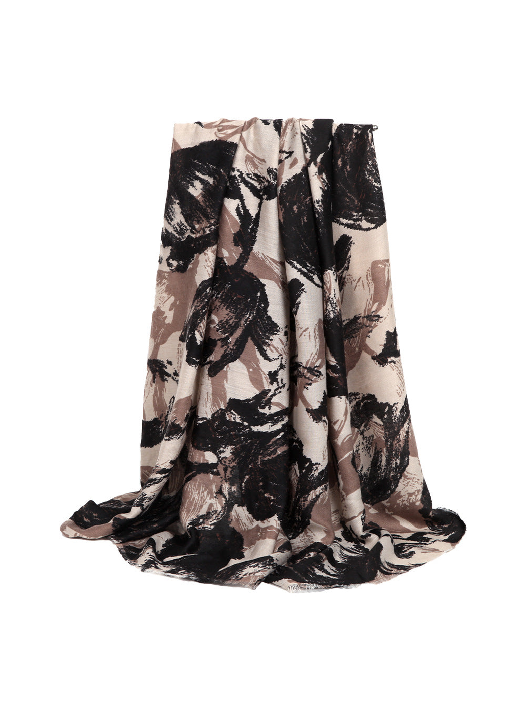 Khaki and black abstract floral scarf with short fringed edges