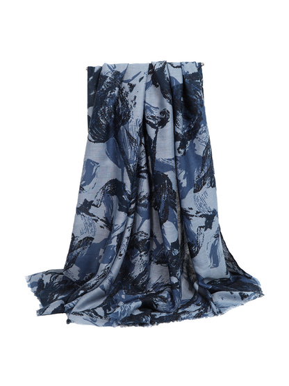 Blue-gray abstract floral scarf with short fringed edges