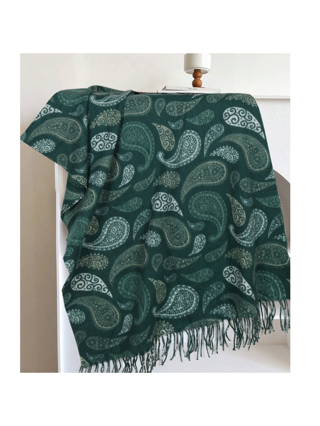 Deep teal rectangular paisley scarf with fringed ends