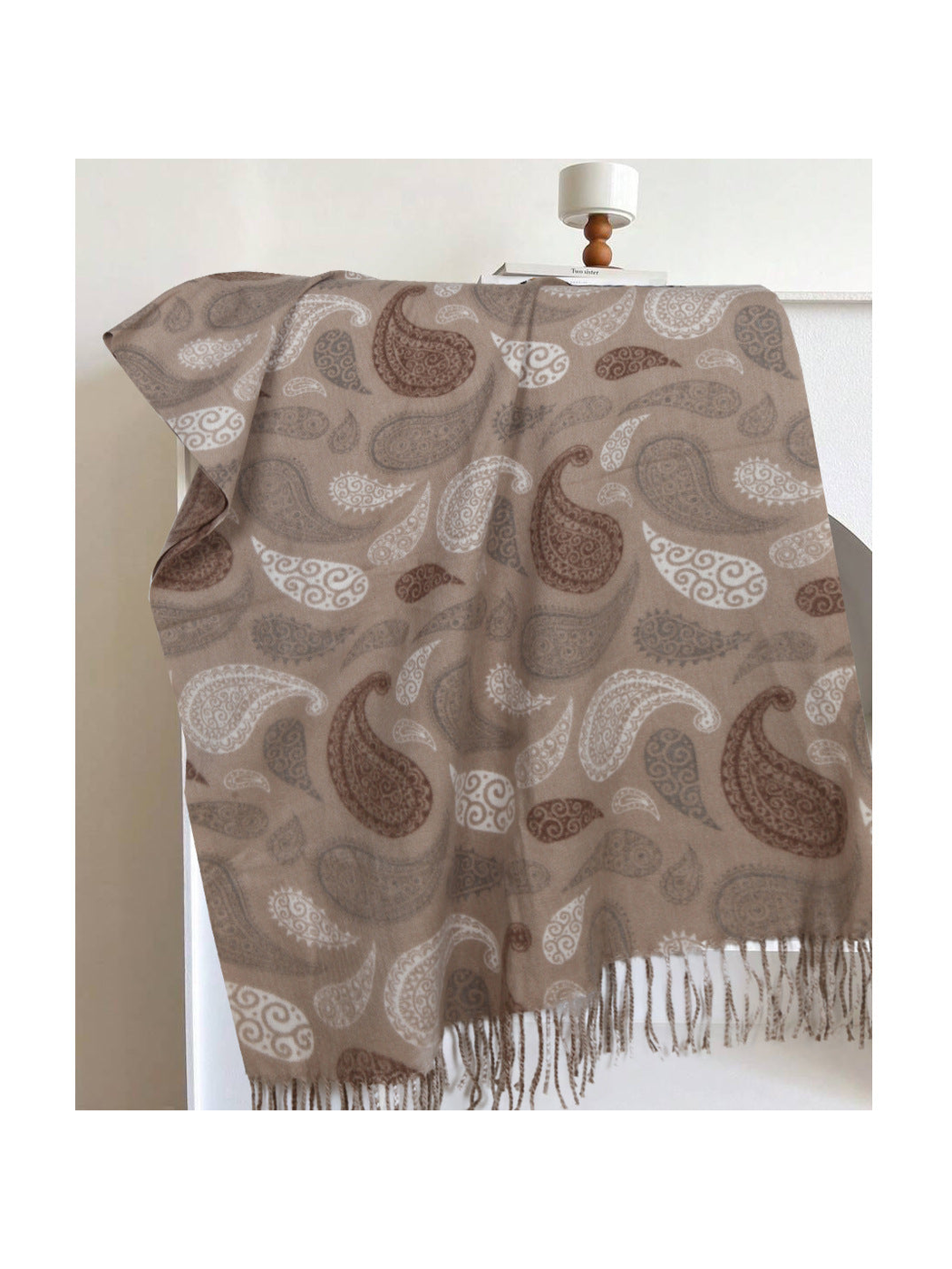 Taupe rectangular paisley scarf with fringed ends