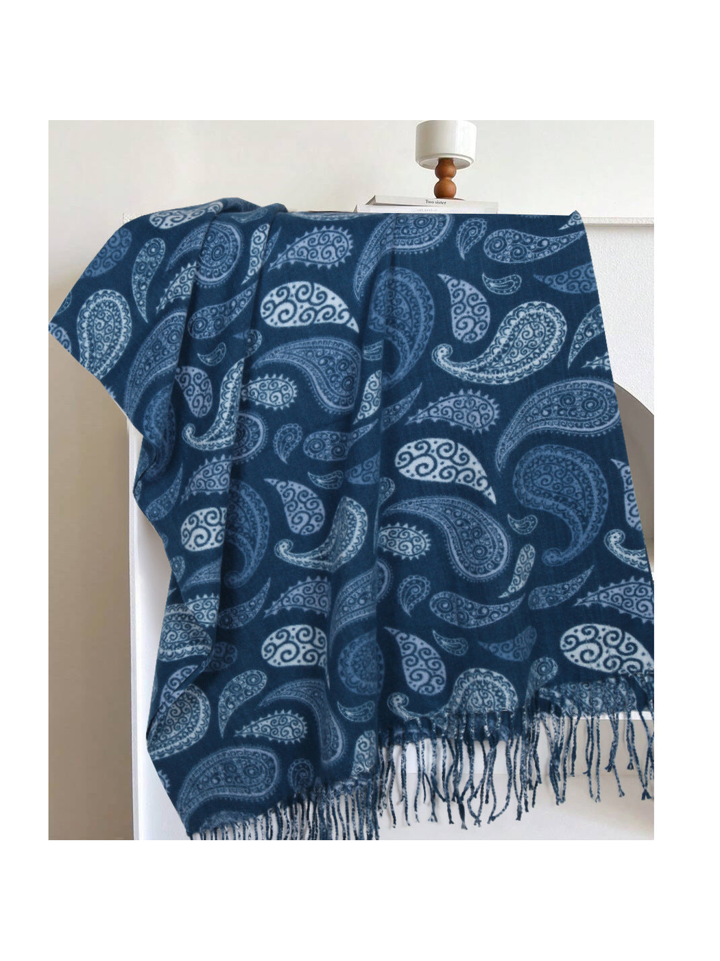 Navy rectangular paisley scarf with fringed ends