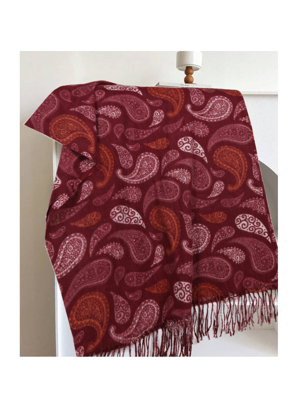 Burgundy rectangular paisley scarf with fringed ends