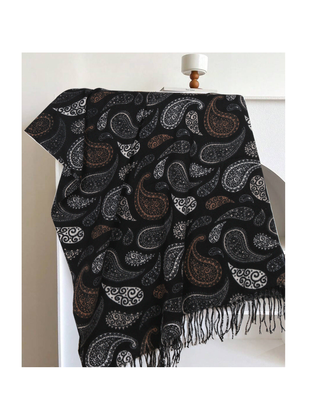 Black rectangular paisley scarf with fringed ends