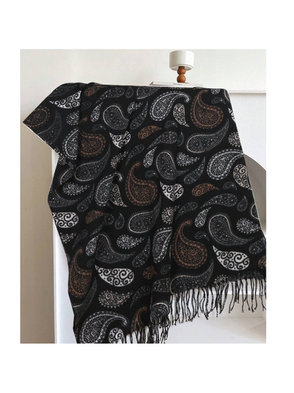 Black rectangular paisley scarf with fringed ends