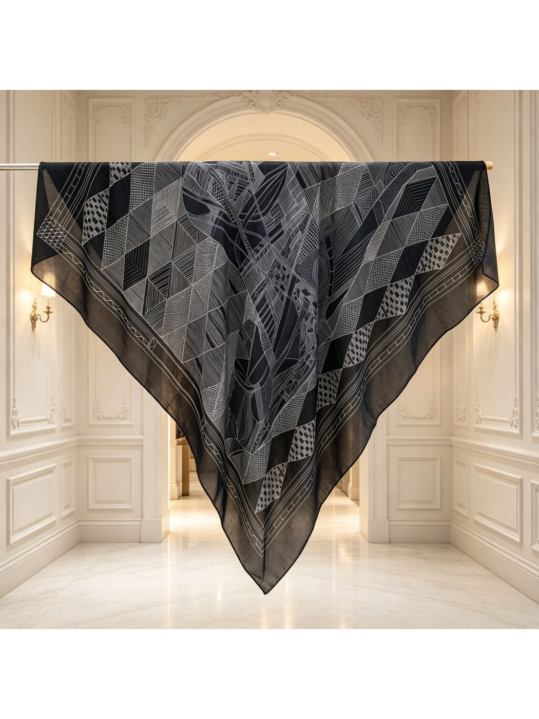 Black and gray square scarf with abstract geometric linework, full view