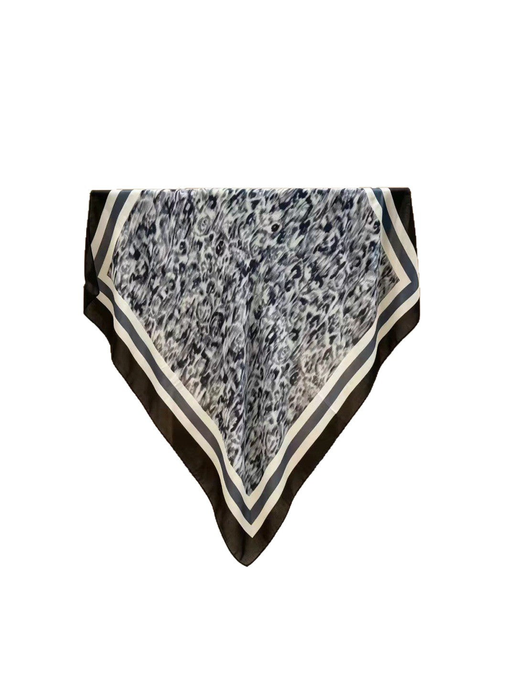 Blue-gray, black and white square scarf with abstract animal print and striped border