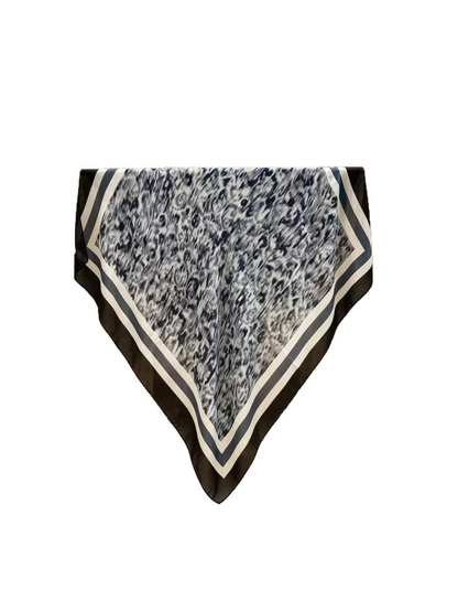 Blue-gray, black and white square scarf with abstract animal print and striped border