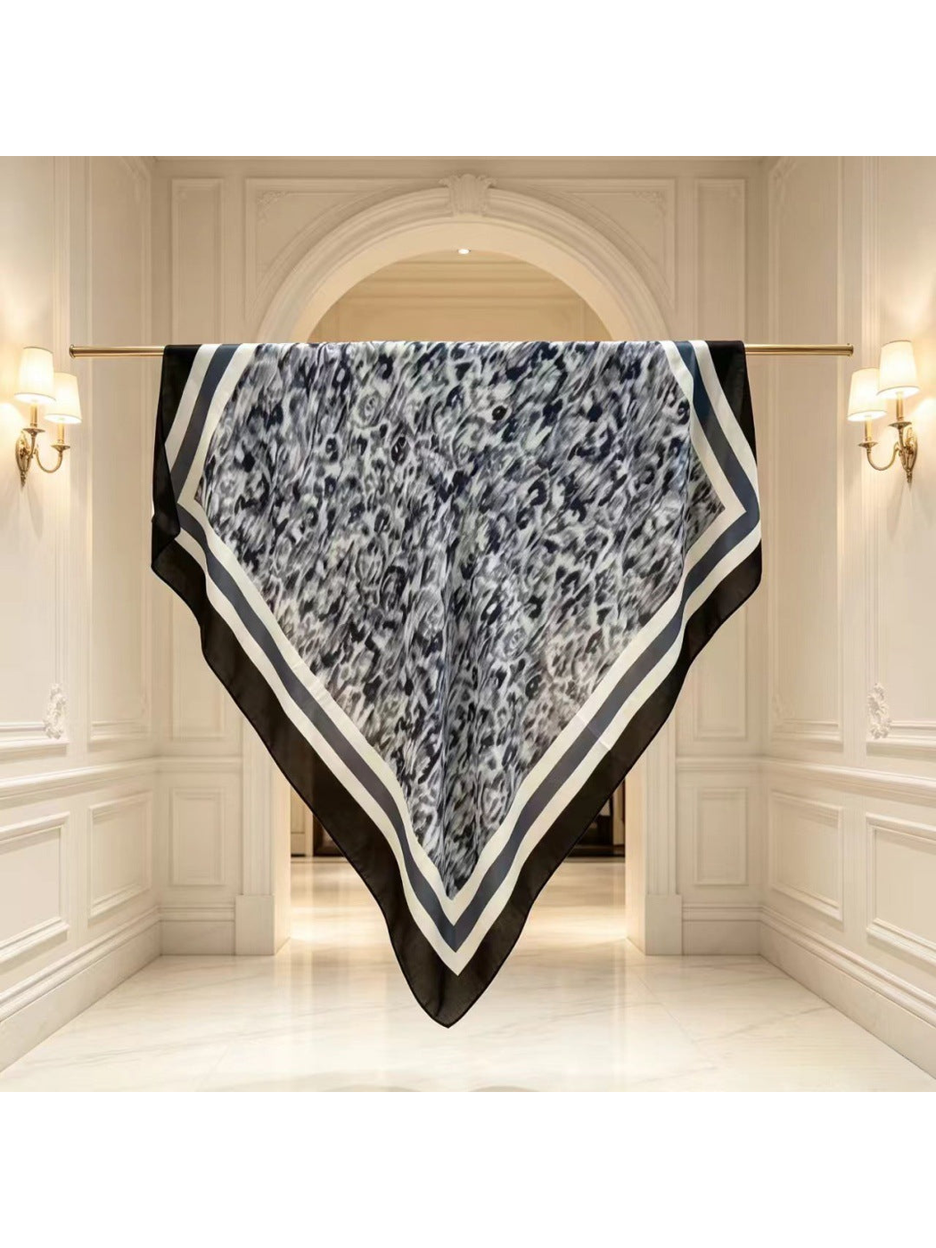 Square scarf displayed open with a mottled center and striped black border