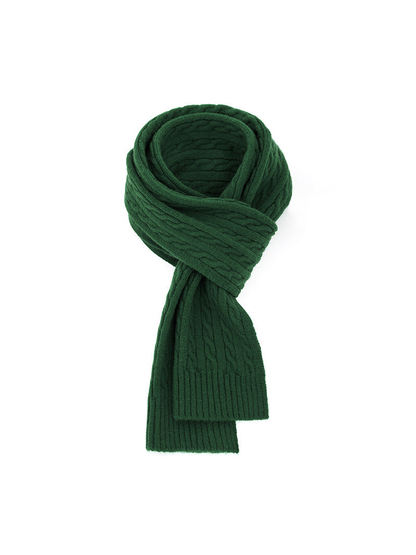 Dark green cable-knit scarf with ribbed ends