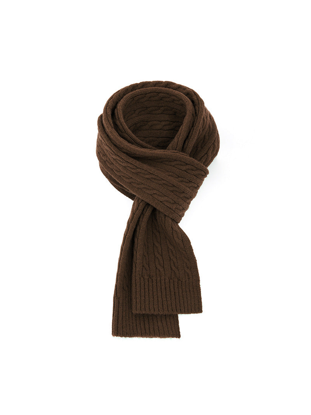 Coffee brown cable-knit scarf with ribbed ends