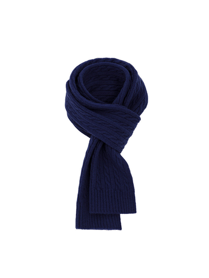 Navy cable-knit scarf with ribbed ends
