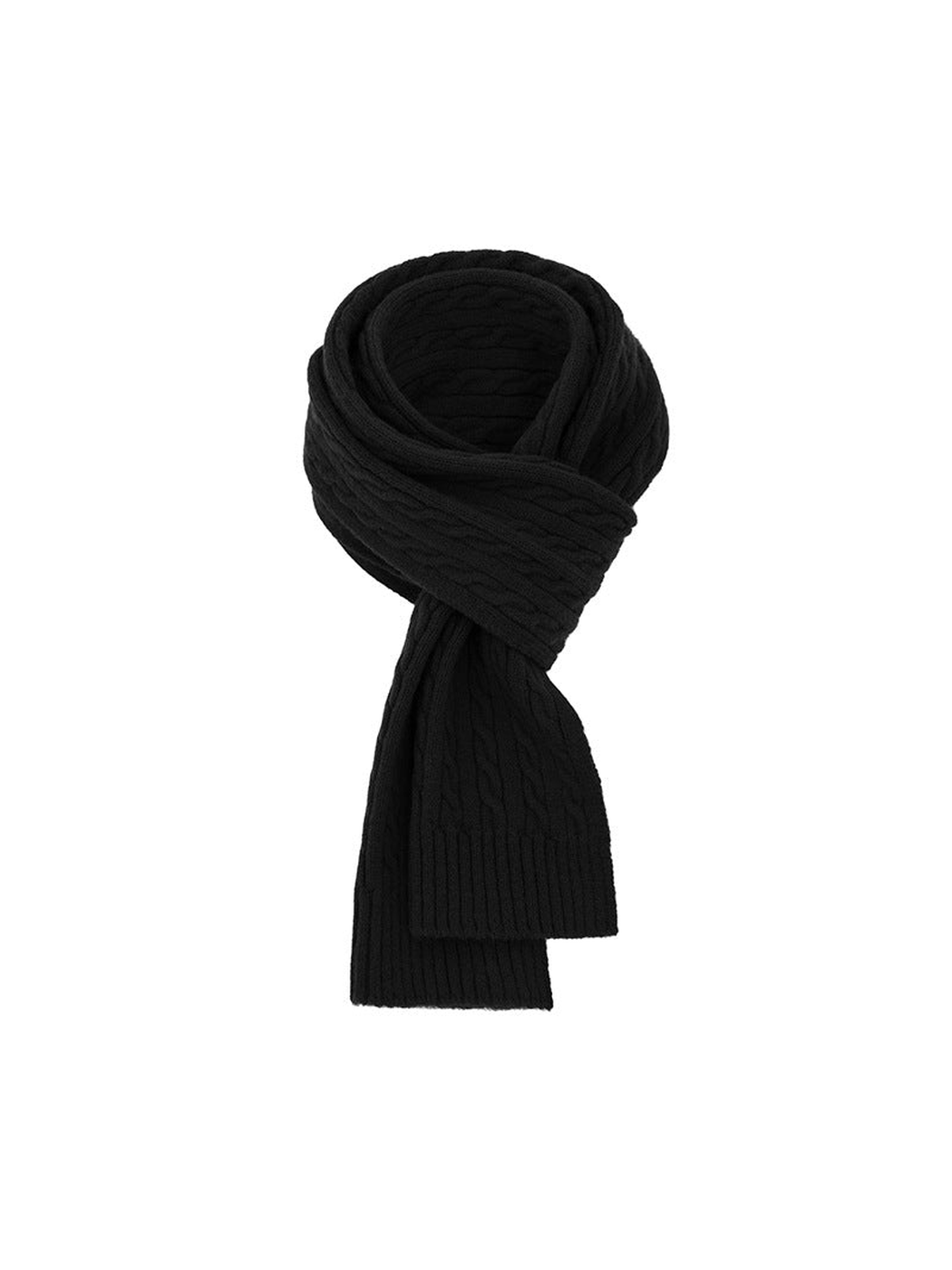 Black cable-knit scarf with ribbed ends