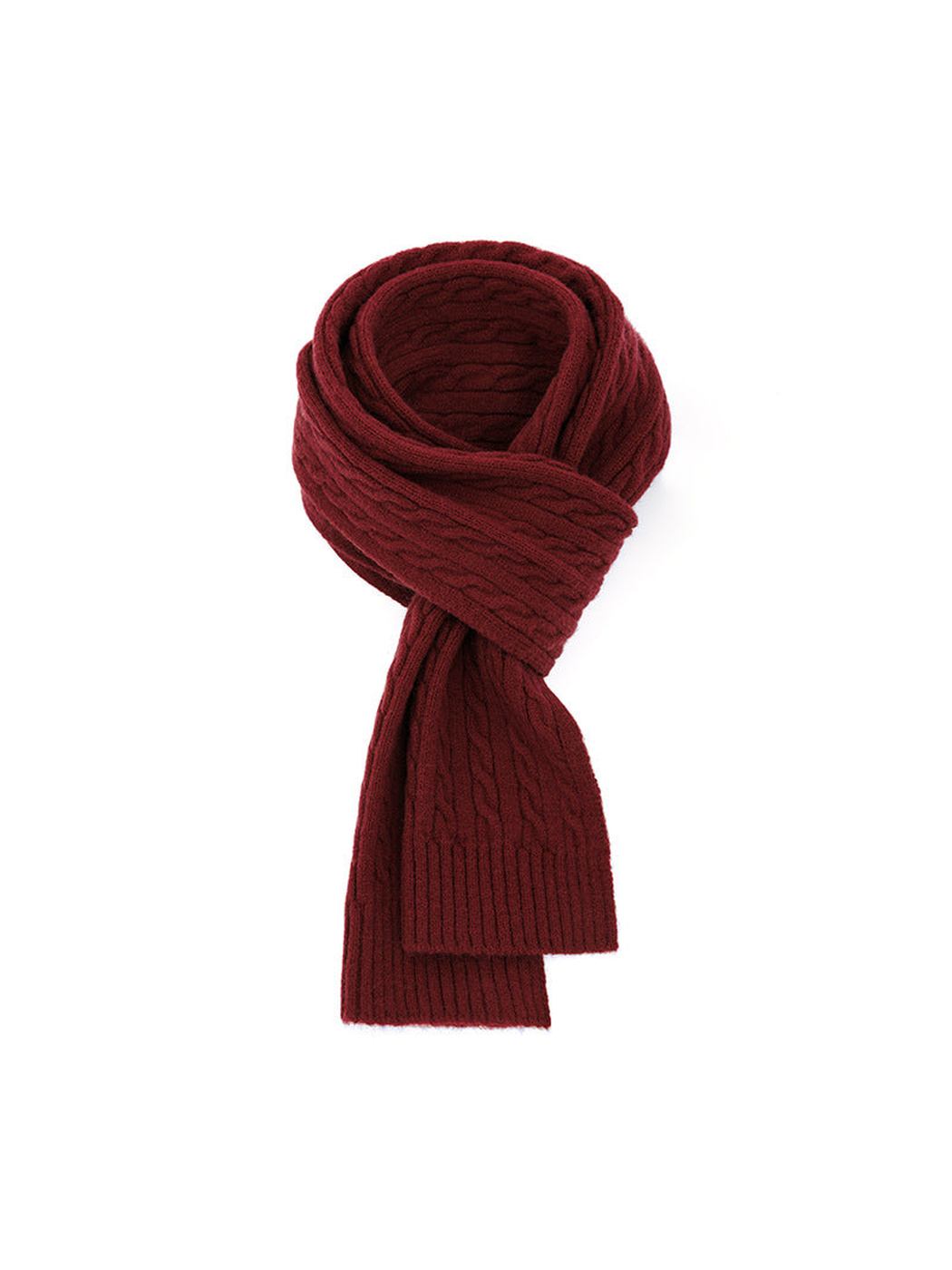 Burgundy cable-knit scarf with ribbed ends