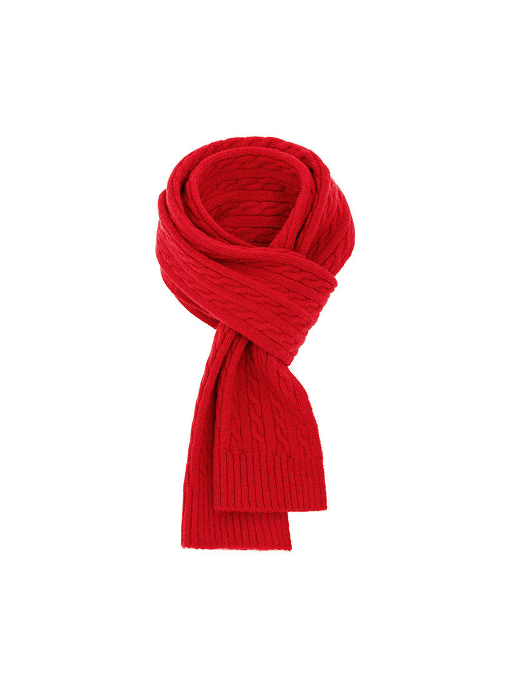 Bright red cable-knit scarf with ribbed ends