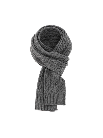 Heather gray cable-knit scarf with ribbed ends