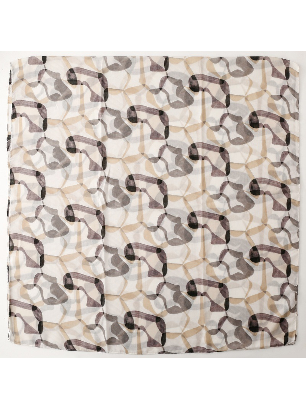 Gray, taupe and beige abstract-print scarf laid flat to show the repeating pattern